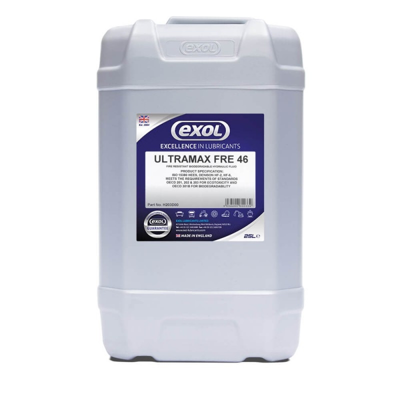 <p>Ultramax FRE 46 is an ISO 46 synthetic ester type fire resistant hydraulic fluid designed to replace anti-wear, mineral oil based hydraulic oils used in fire hazardous and environmentally sensitive hydraulic applications without compromising overall hydraulic system operation.&nbsp;Ultramax FRE 46 is based on a high purity, synthetic ester and fortified with carefully selected additives to achieve excellent hydraulic fluid performance. It does not contain water, mineral oil or phosphate ester.</p> <p>Ultramax FRE 46 is suitable for a wide range of industrial applications where there is a fire risk, where there is environmental sensitivity and/or where extremes of ambient temperatures prevail.</p>