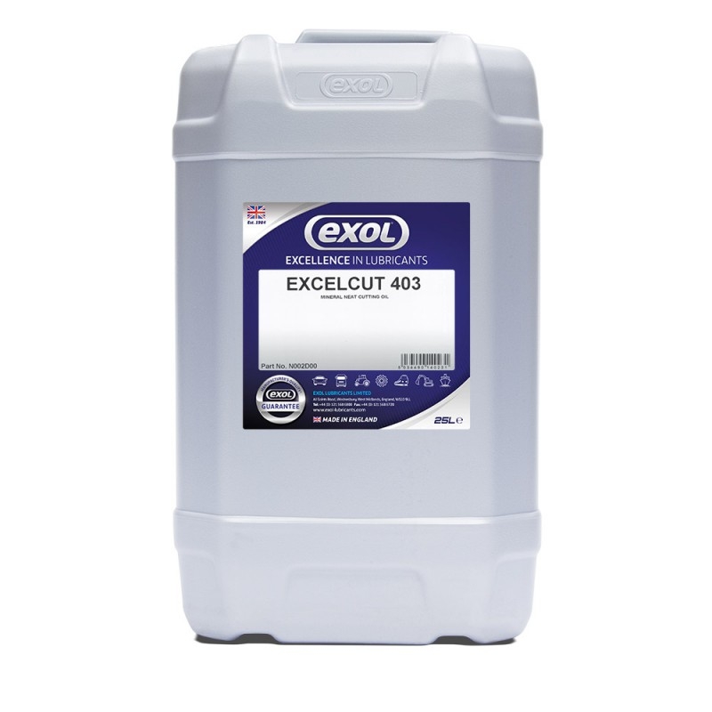 <p>Excelcut 403 is a highly refined, dark coloured medium viscosity neat cutting and honing oil.</p> <p>Excelcut 403 is manufactured from solvent refined paraffinic mineral oils and "activeÔÇØ controlled release sulphurised esters. Excelcut 403 is totally chlorine free, which is an important feature when considering disposal or recycling. The high levels of controlled release additives provide superior surface finish, extended tool life and low chip welding tendencies. Excelcut 403 also contains special anti-mist additives for improved visibility of the work piece, and to help provide an improved working environment.  </p> <p>Excelcut 403 is suitable for honing, heavy duty machining, milling, tapping, turning and automatic/CNC machining of tough ferrous and stainless materials.</p>