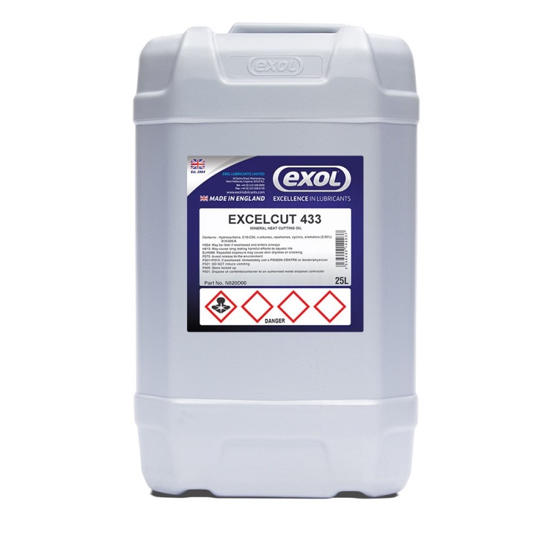 A highly refined, new generation low viscosity neat cutting oil. Excelcut 433 is manufactured from highly refined paraffinic mineral oils making it pale coloured, virtually odourless and highly resistant to oxidation. Excelcut 433 contains very high levels of controlled release sulphur,  and fatty ester additives for an ultimate surface finish, extended tool life and low chip welding tendencies. It also contains special anti-mist additives for improved visibility of the work piece and healthier environmental aspects. <br /> <br /> The lower viscosity offers very low drag out losses in operation, improved penetration, fast heat dissipation from the cutting zone and excellent swarf removal rates. Excelcut 433 is suitable for heavy duty machining, deep hole boring, trepanning, broaching and high speed gear generation on mild, medium and high tensile steels including stainless.