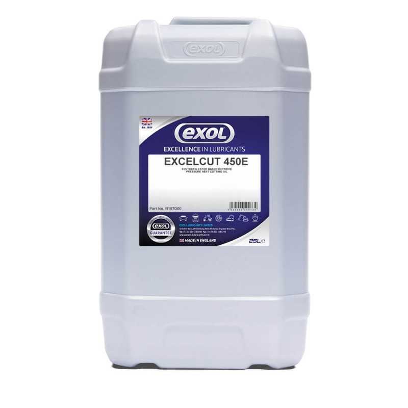 <p>Excelcut 450E is a synethic neat cutting fluid based on a synthesised ester derived from a fatty acid of vegetable origin. It is fortified with a synergistic combination of extreme pressure and high lubricity additives which provide outstanding cutting performance while having high levels of operator acceptability. </p> <p>Excelcut 450E is an ultra low odour, low misting product capable of providing the ultimate  surface finish on a variety of metal grinding and cutting operations. This ultra high lubricity cutting fluid promotes extended tool life and increased production rates. </p>