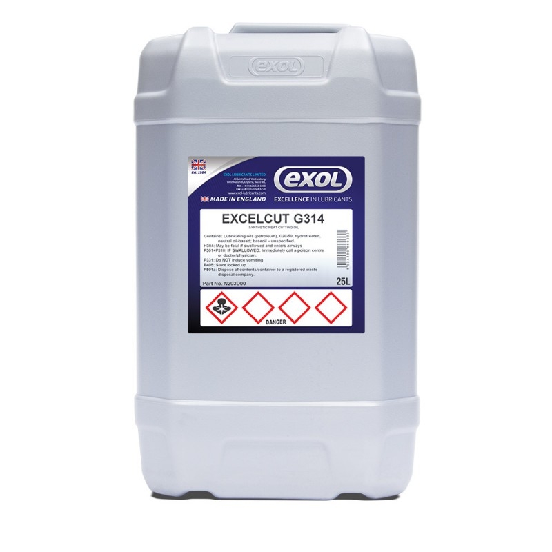 <p>Excelcut G314 is an extreme pressure neat cutting oil based on unconventional low volatility base stocks and utilises chlorine free extreme pressure additives to provide excellent surface finish. Excelcut G314 can be used on a variety of machining operations such as drilling, turning and grinding and is compatible with both ferrous and non-ferrous metals from high alloy steels to cast iron and brass.</p>