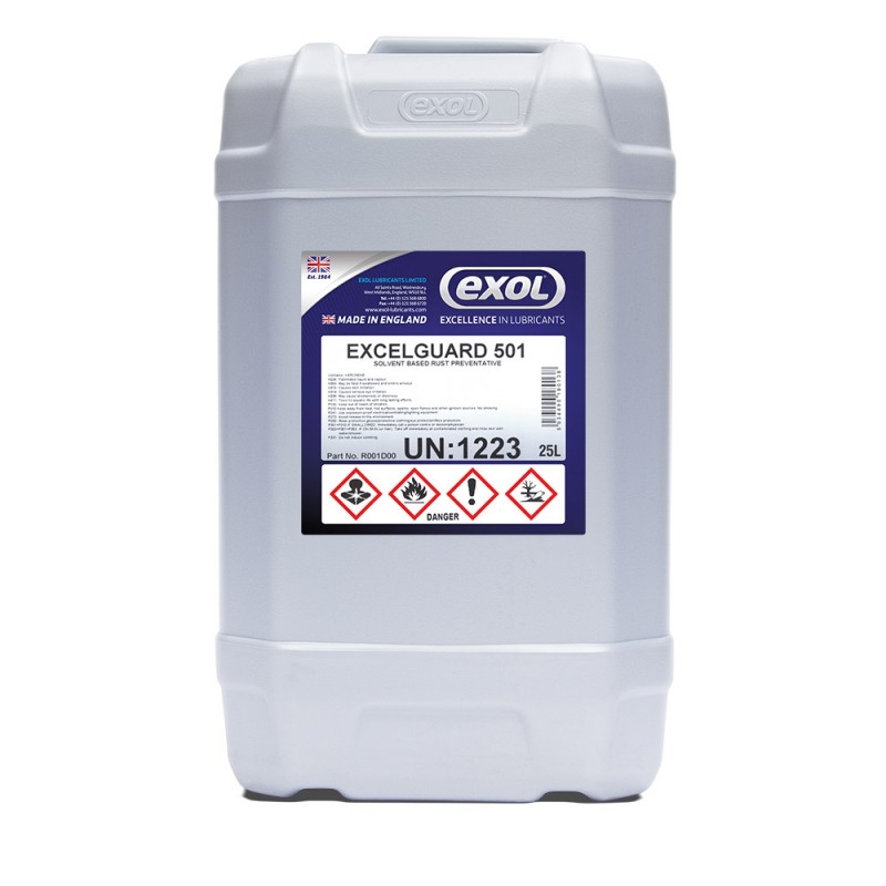 <p>Excelguard 501 is a solvent deposited water displacing corrosion preventative. It is a blend of dewatering agents, corrosion inhibitors, hydrocarbon mineral oils, synthetic sulphonates and hydrocarbon solvents. It offers short term protection of ferrous and aluminium alloy components. </p> <p>It leaves a light oily anti corrosion film when applied and is ideally suited to inter-process protection after machining.</p> <p> </p>