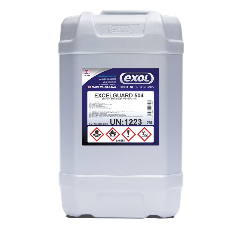 <p>Excelguard 504 is a solvent deposited water displacing corrosion preventative. Excelguard 504 is a blend of dewatering agents, corrosion inhibitors, hydrocarbon mineral oils, synthetic sulphonates and hydrocarbon solvents. It offers medium to long  term protection of ferrous and aluminium alloy components. It leaves a thick oily anti corrosion film when applied. It is ideally suited to inter-process protection after machining.</p>