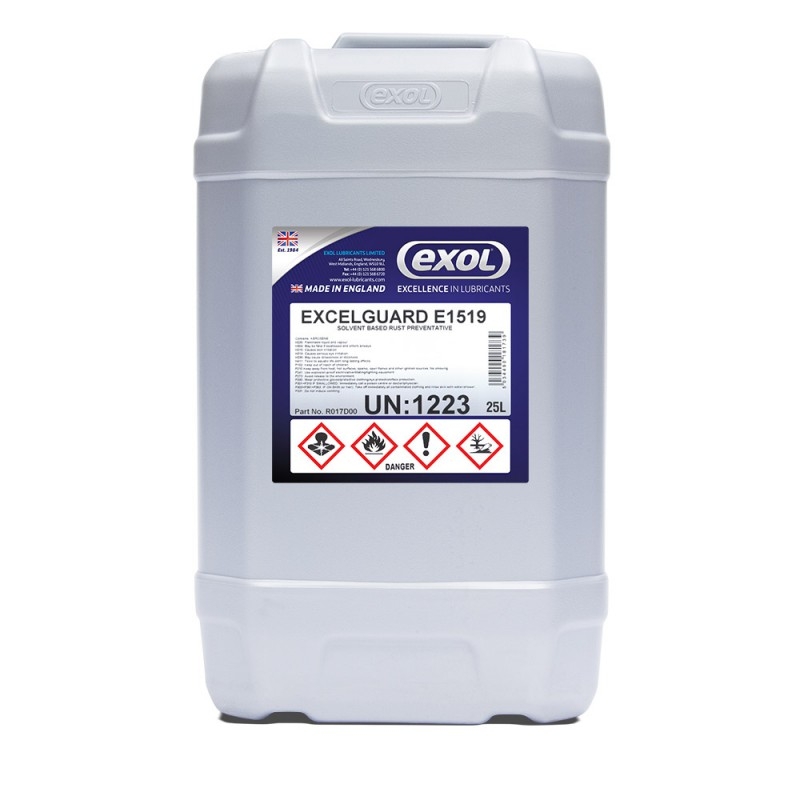 <p>Excelguard 1519 is a superior water displacing rust preventative which provides an almost dry-to-touch type film. Excelguard 1519 is manufactured using film forming modifiers, which have particularly good affinity for metal surfaces. Excelguard 1519 also contains state of the art corrosion inhibitors, mineral oil, hydrocarbon fractions and a dewatering solvent. </p> <p>Excelguard 1519 offers medium term protection of ferrous and aluminium alloy components. It leaves an almost dry-to-touch film when applied and is suited to a wide variety of applications where this type of film is specified.  </p>