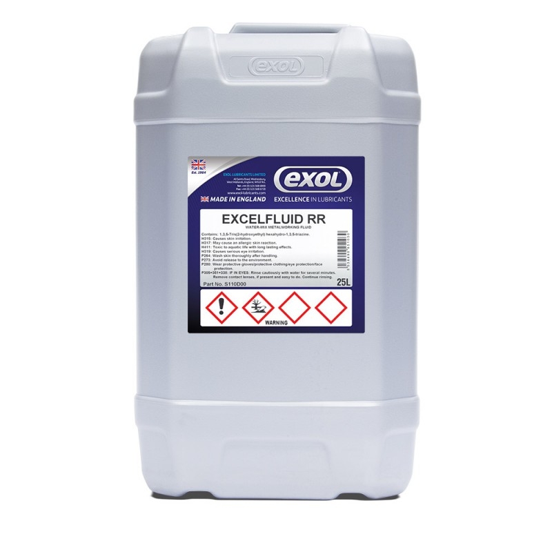 <p>Excelfluid RR is a blue coloured, water miscible, semi synthetic biostable cutting and grinding fluid for both ferrous and non-ferrous materials. Excelfluid RR contains a relatively high emulsifier to oil ratio which results in a highly stable micro emulsion being formed when the concentrate is added to water. This promotes improved wetting characteristics and allows for excellent workpiece visibility. The boron biostable performance additives offer excellent resistance to bacterial proliferation and improve hard water compatibility. Excelfluid RR is suitable for a variety of metalworking operations including sawing, milling, turning, drilling and grinding on low and medium tensile ferrous and non-ferrous materials. It is suitable for centralised and CNC machining.</p> <p> </p>