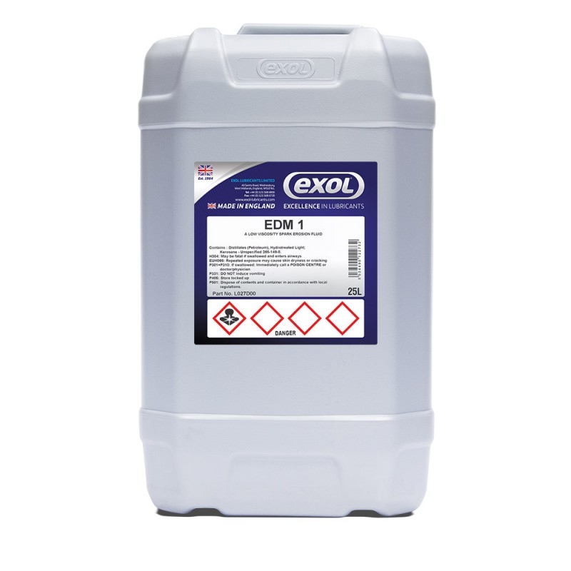 <p>EDM fluids are low viscosity spark erosion oils. The Exol range of EDM fluids are manufactured using high quality, low viscosity hydrocarbon base oils. They are virtually colourless and their low aromatic content promotes low odour and low fume generation. They offer long fluid life and have good operator acceptability.</p> <p>EDM1 is designed for very fine spark erosion machining operations, particularly in small EDM machines.</p>
